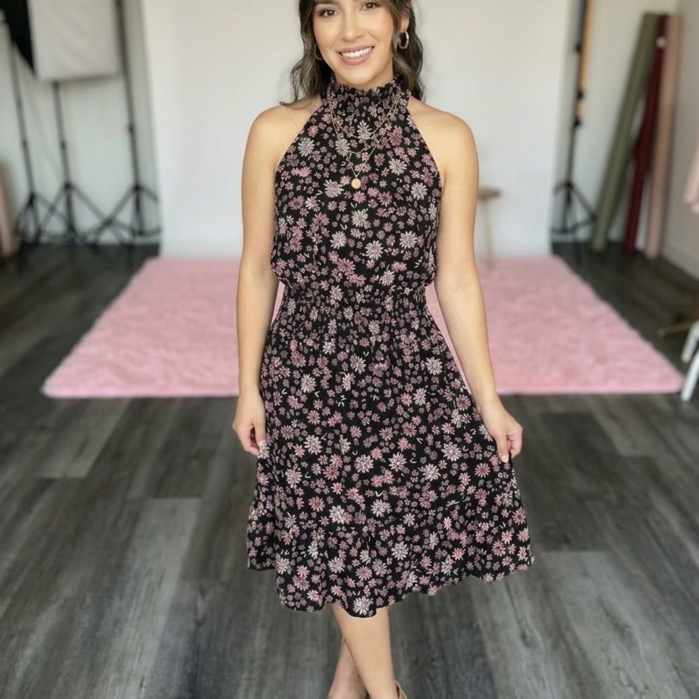 Nanette Lepore Black Halter Floral Midi Dress with Pink Daisy Print